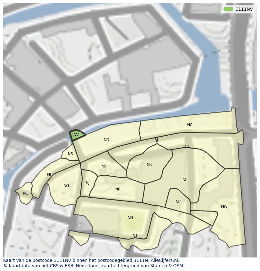 Afbeelding van het postcodegebied 3111 NV op de kaart.