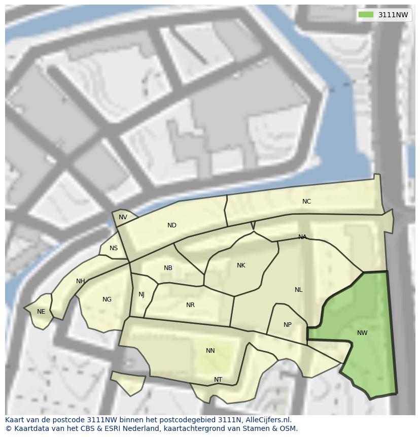 Afbeelding van het postcodegebied 3111 NW op de kaart.
