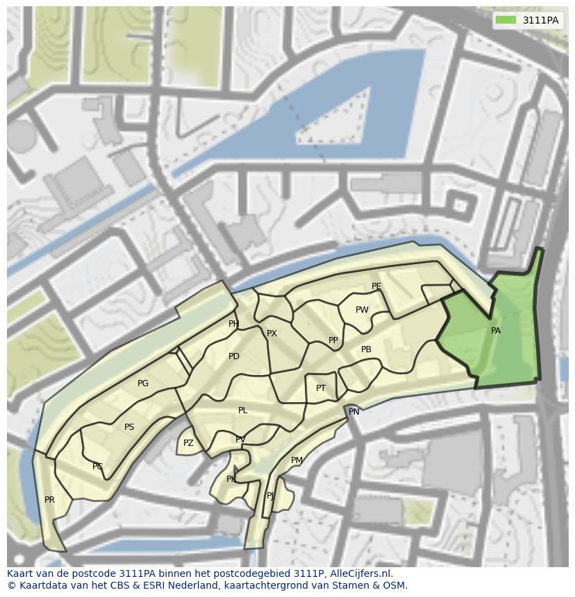 Afbeelding van het postcodegebied 3111 PA op de kaart.