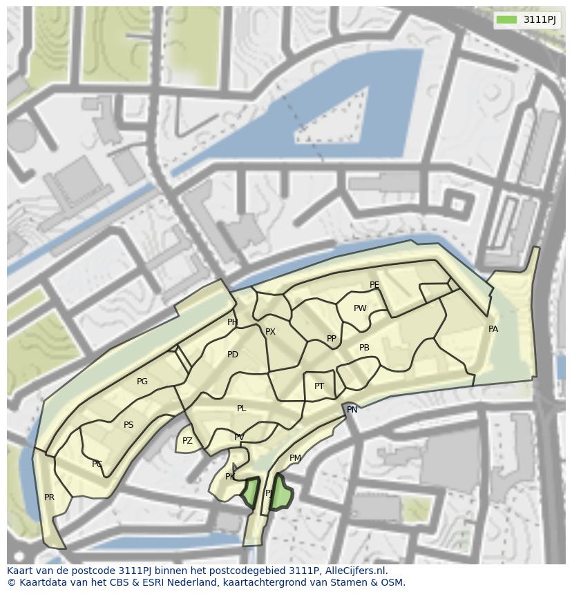 Afbeelding van het postcodegebied 3111 PJ op de kaart.