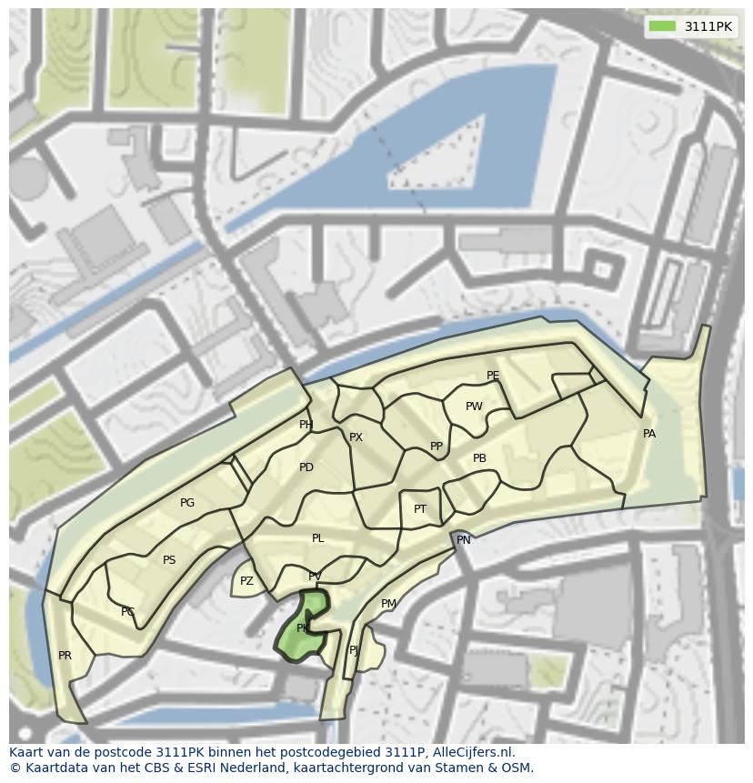 Afbeelding van het postcodegebied 3111 PK op de kaart.