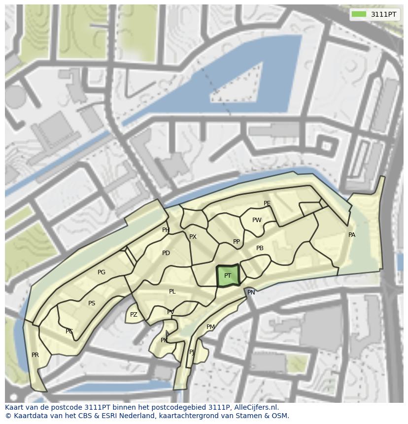 Afbeelding van het postcodegebied 3111 PT op de kaart.