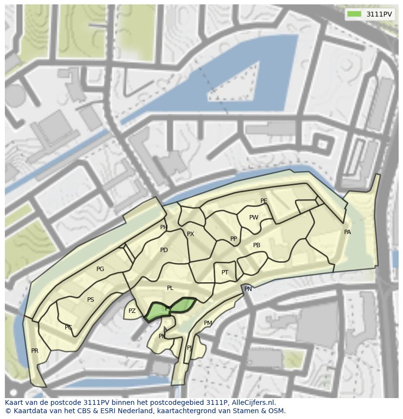 Afbeelding van het postcodegebied 3111 PV op de kaart.
