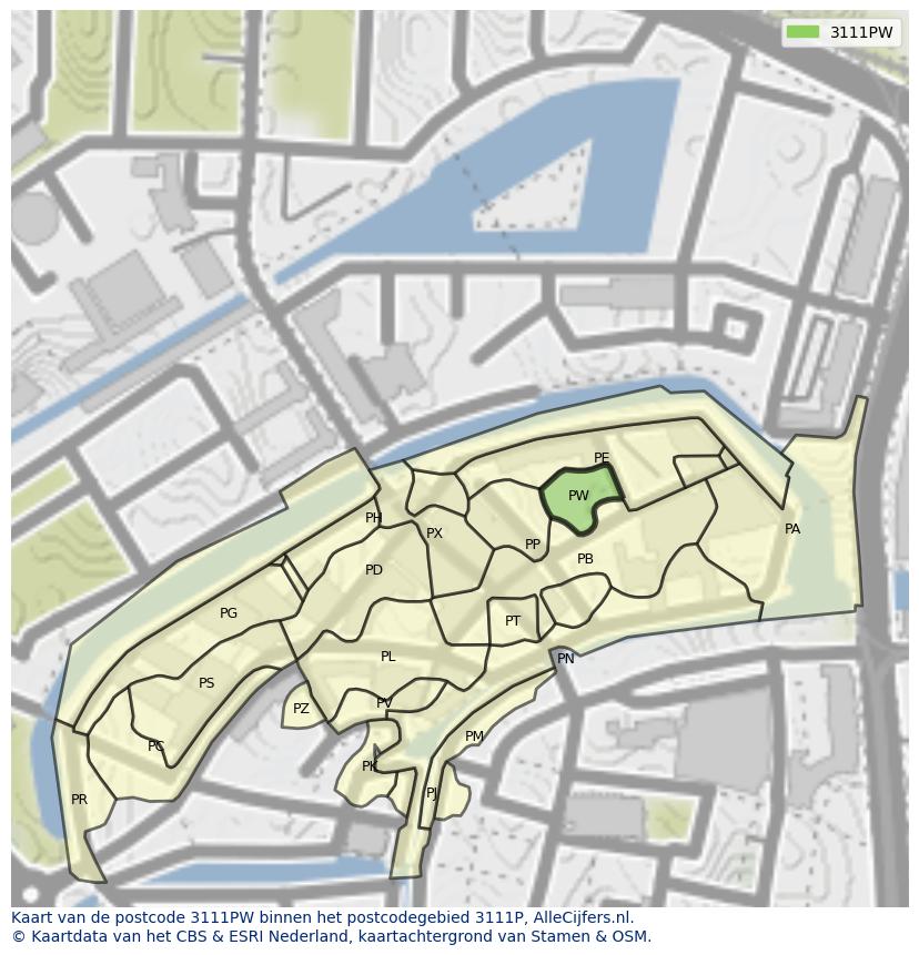 Afbeelding van het postcodegebied 3111 PW op de kaart.