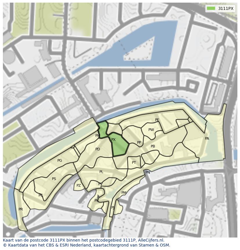 Afbeelding van het postcodegebied 3111 PX op de kaart.