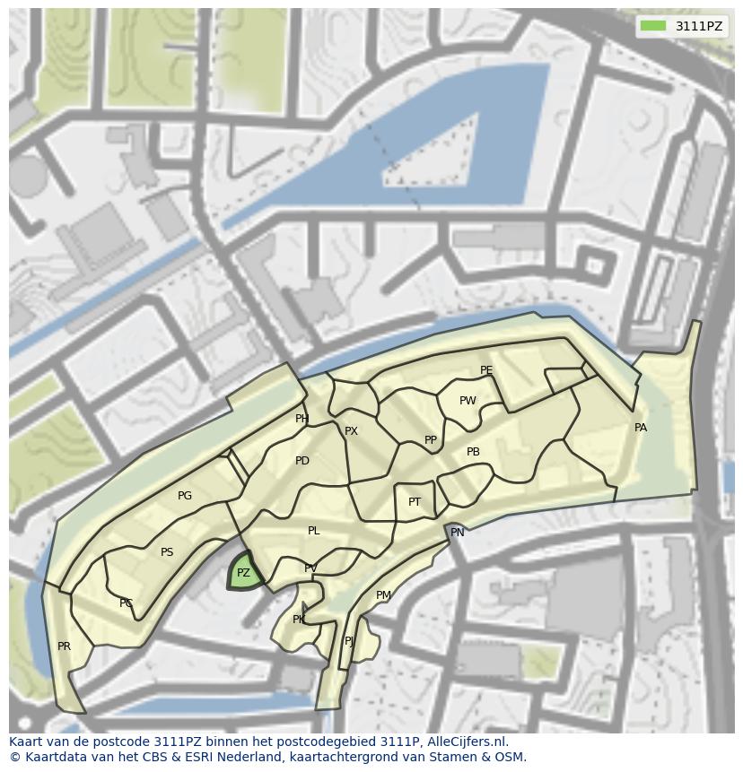 Afbeelding van het postcodegebied 3111 PZ op de kaart.