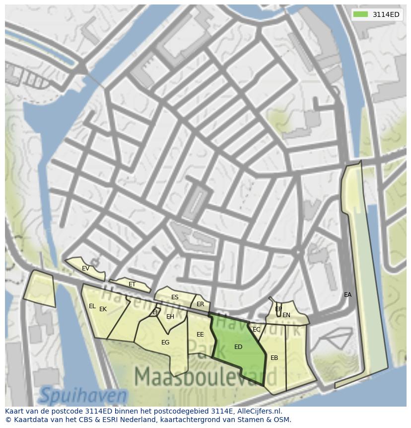 Afbeelding van het postcodegebied 3114 ED op de kaart.