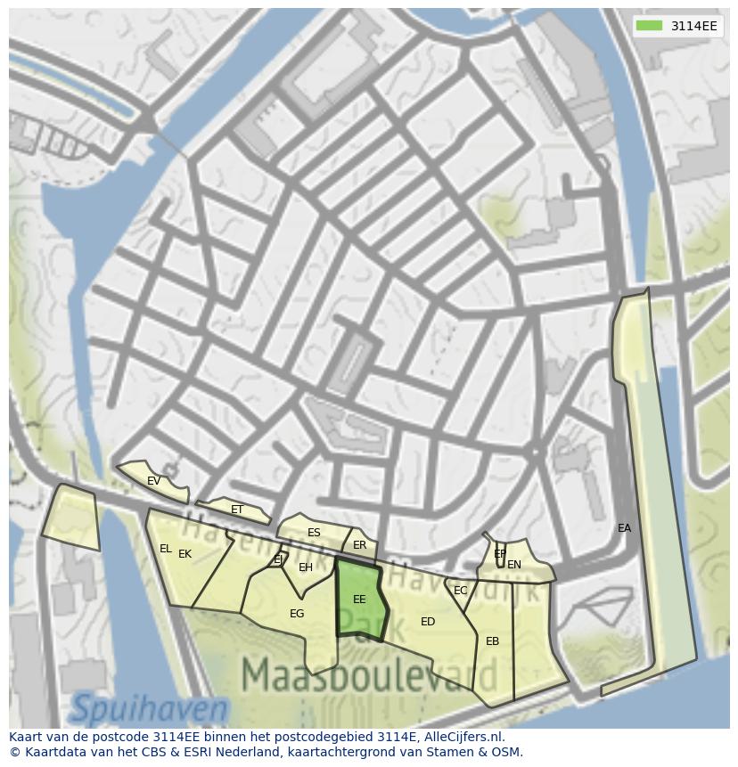Afbeelding van het postcodegebied 3114 EE op de kaart.
