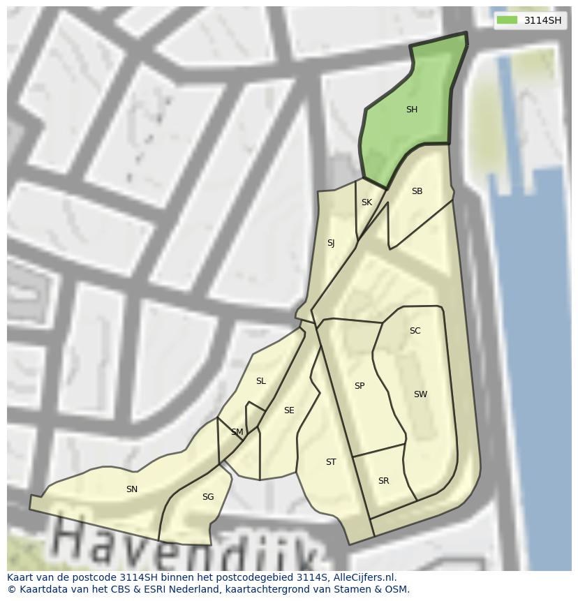Afbeelding van het postcodegebied 3114 SH op de kaart.