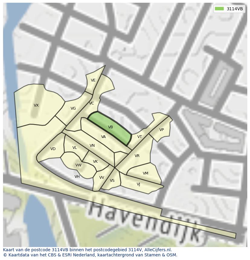 Afbeelding van het postcodegebied 3114 VB op de kaart.