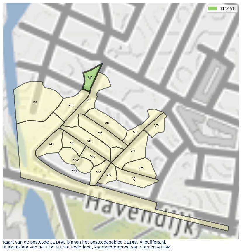 Afbeelding van het postcodegebied 3114 VE op de kaart.