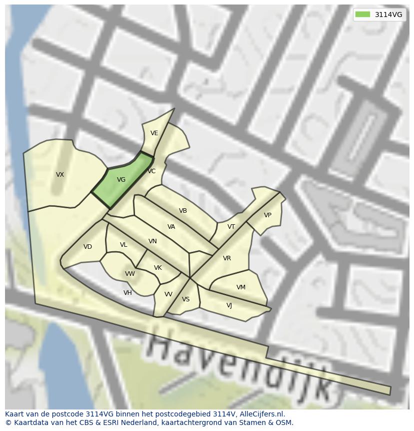 Afbeelding van het postcodegebied 3114 VG op de kaart.