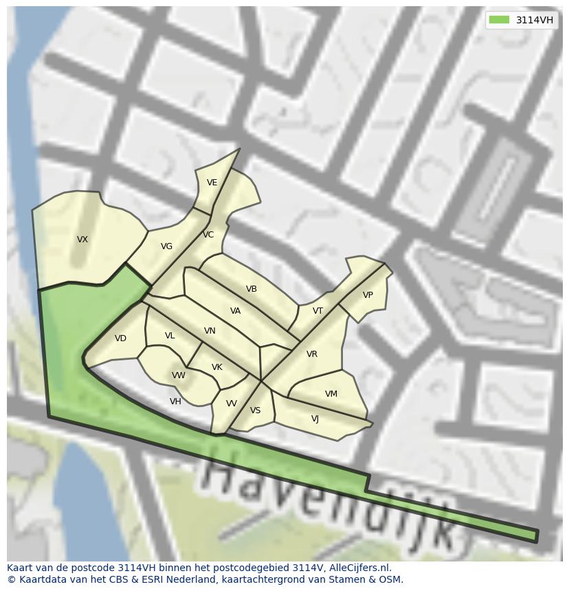 Afbeelding van het postcodegebied 3114 VH op de kaart.