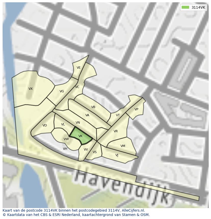 Afbeelding van het postcodegebied 3114 VK op de kaart.