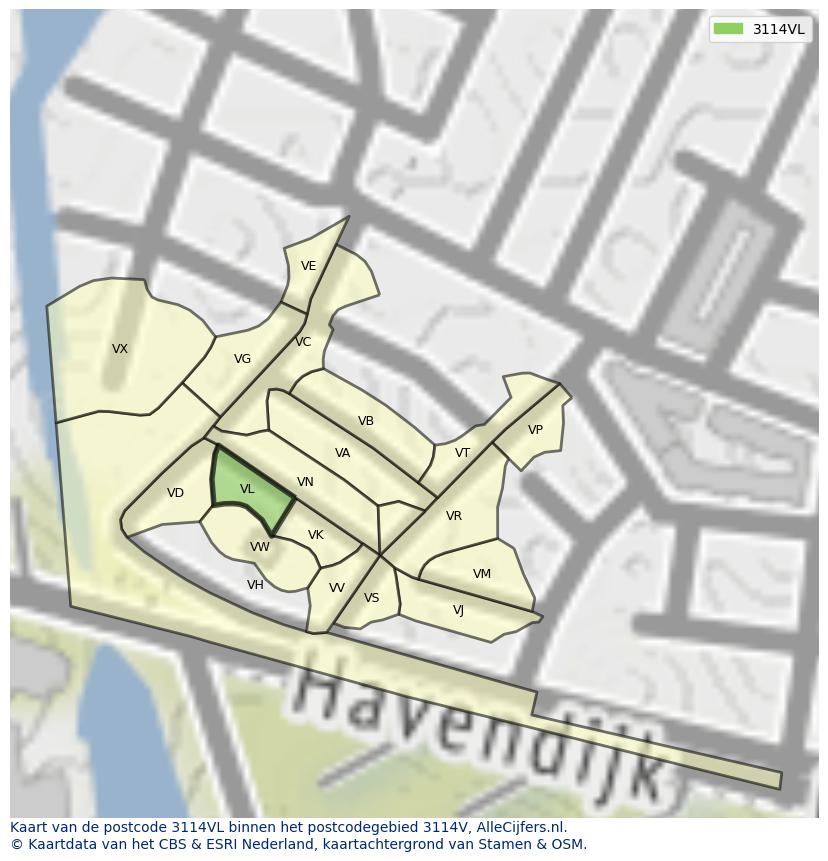 Afbeelding van het postcodegebied 3114 VL op de kaart.