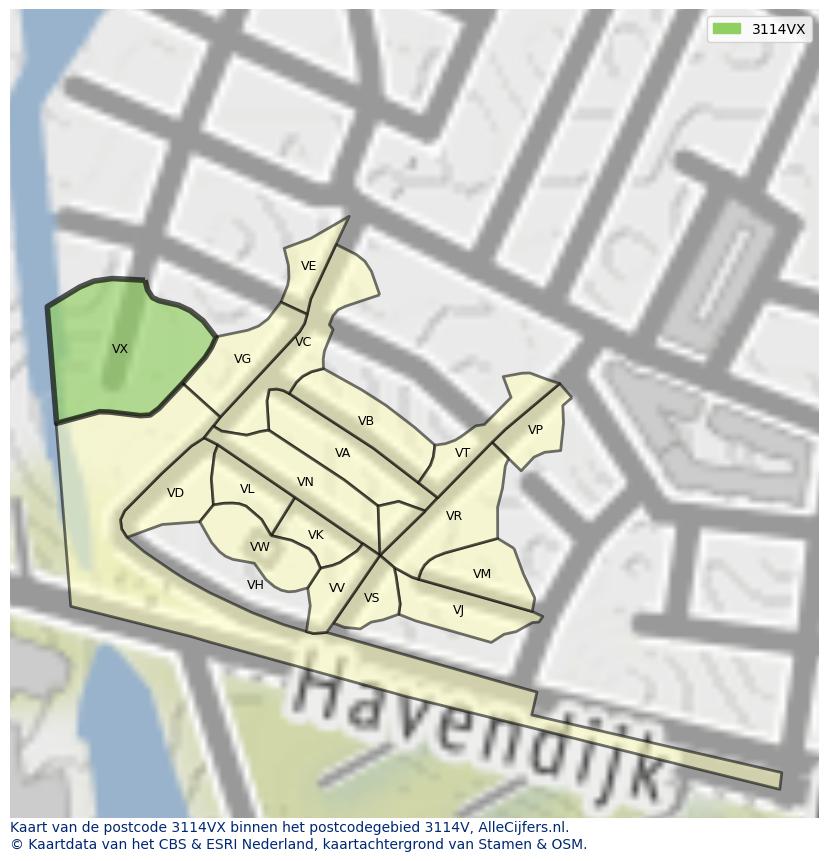 Afbeelding van het postcodegebied 3114 VX op de kaart.