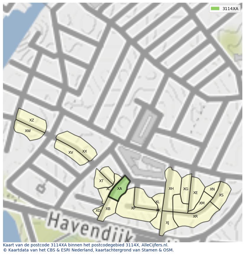 Afbeelding van het postcodegebied 3114 XA op de kaart.