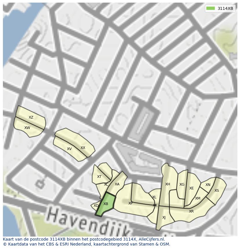 Afbeelding van het postcodegebied 3114 XB op de kaart.