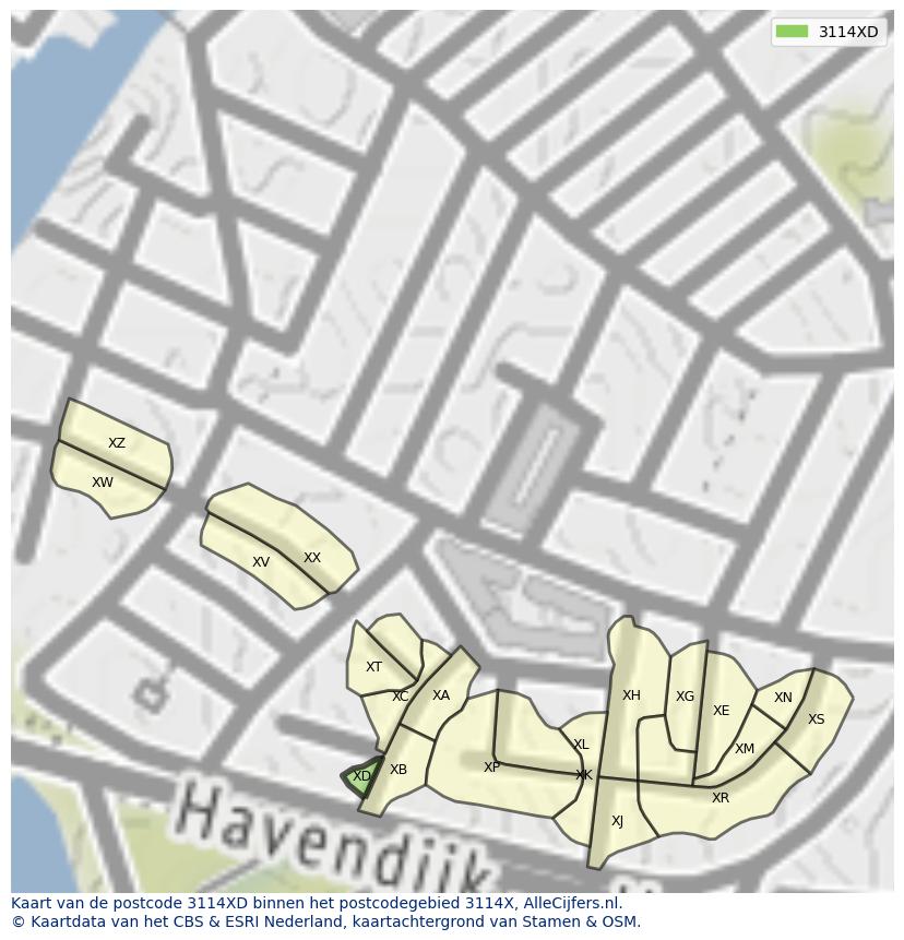Afbeelding van het postcodegebied 3114 XD op de kaart.