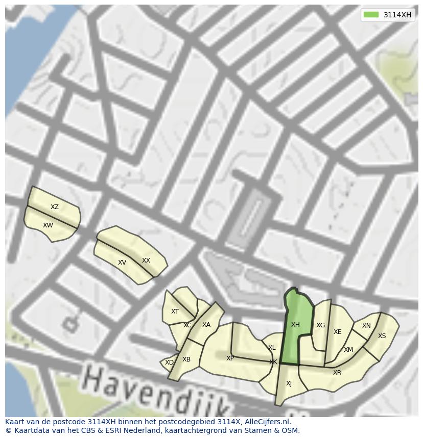 Afbeelding van het postcodegebied 3114 XH op de kaart.