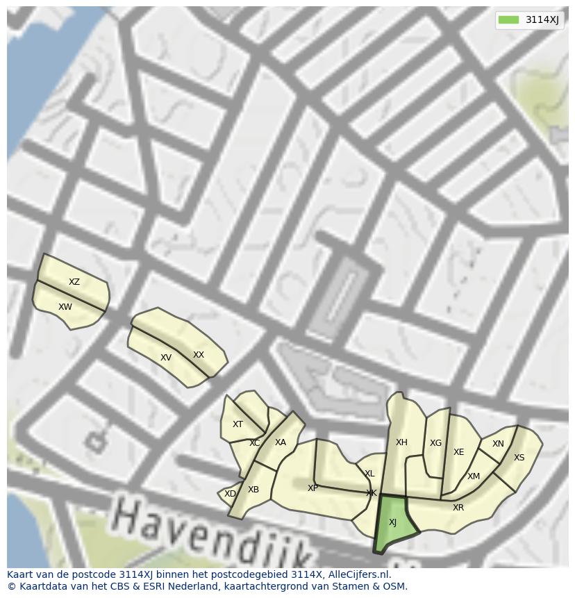 Afbeelding van het postcodegebied 3114 XJ op de kaart.