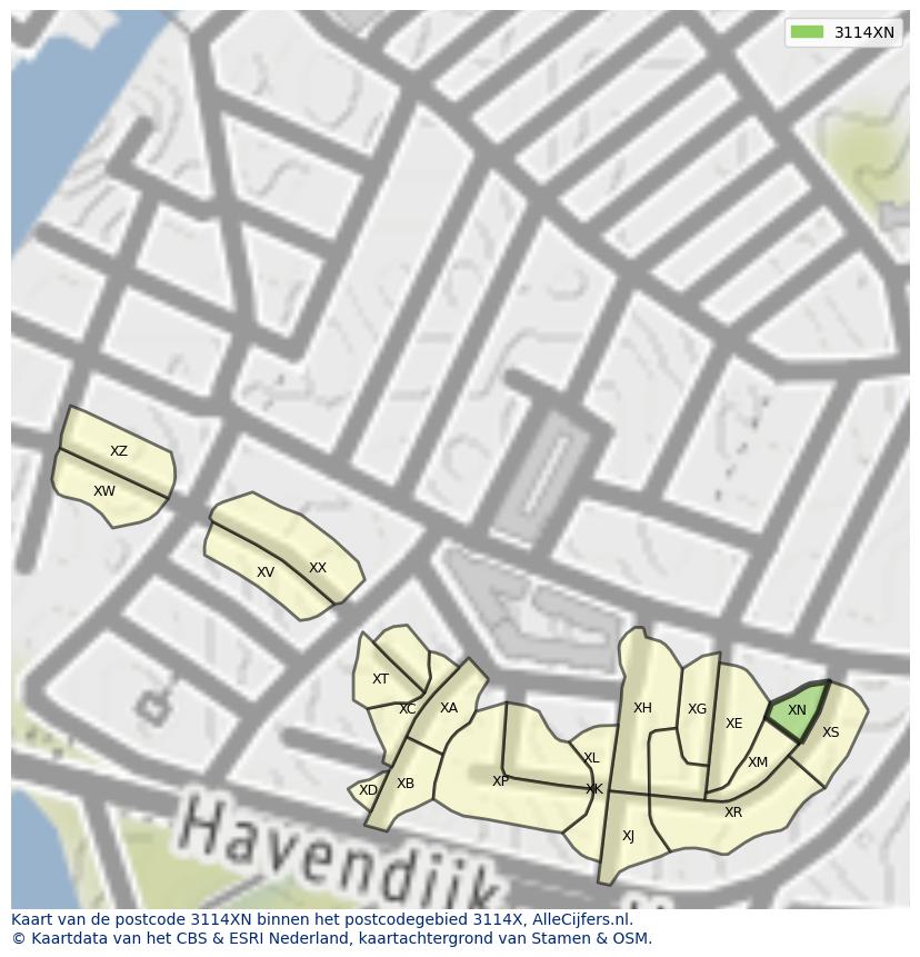 Afbeelding van het postcodegebied 3114 XN op de kaart.