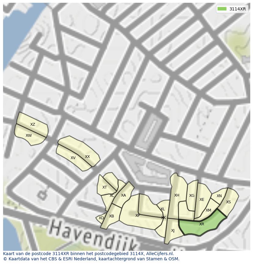 Afbeelding van het postcodegebied 3114 XR op de kaart.