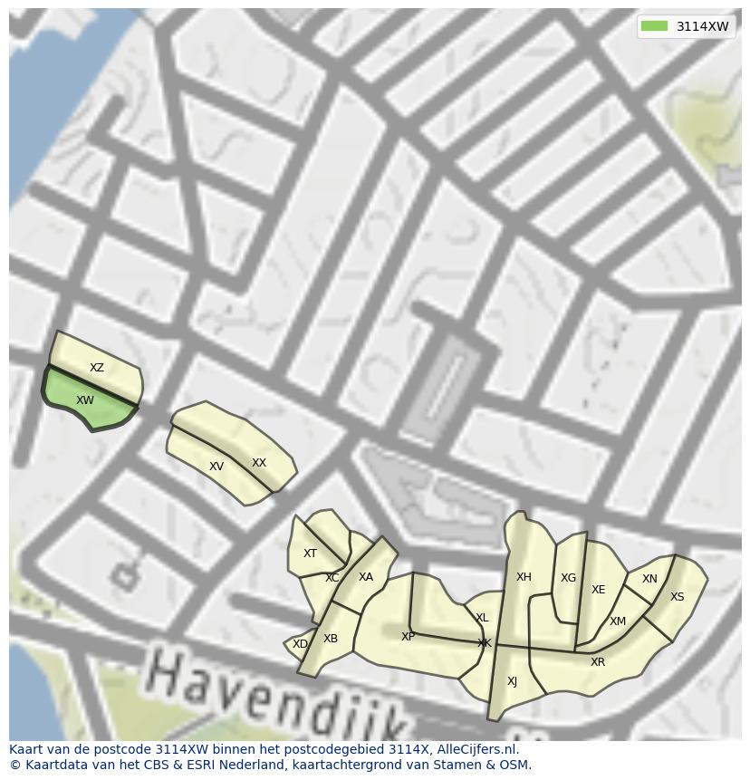 Afbeelding van het postcodegebied 3114 XW op de kaart.