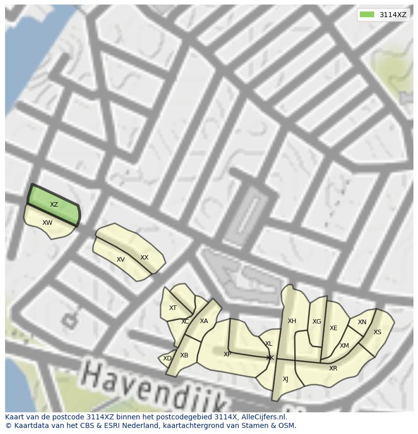 Afbeelding van het postcodegebied 3114 XZ op de kaart.