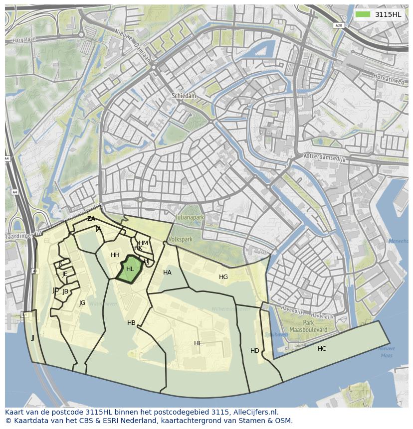 Afbeelding van het postcodegebied 3115 HL op de kaart.