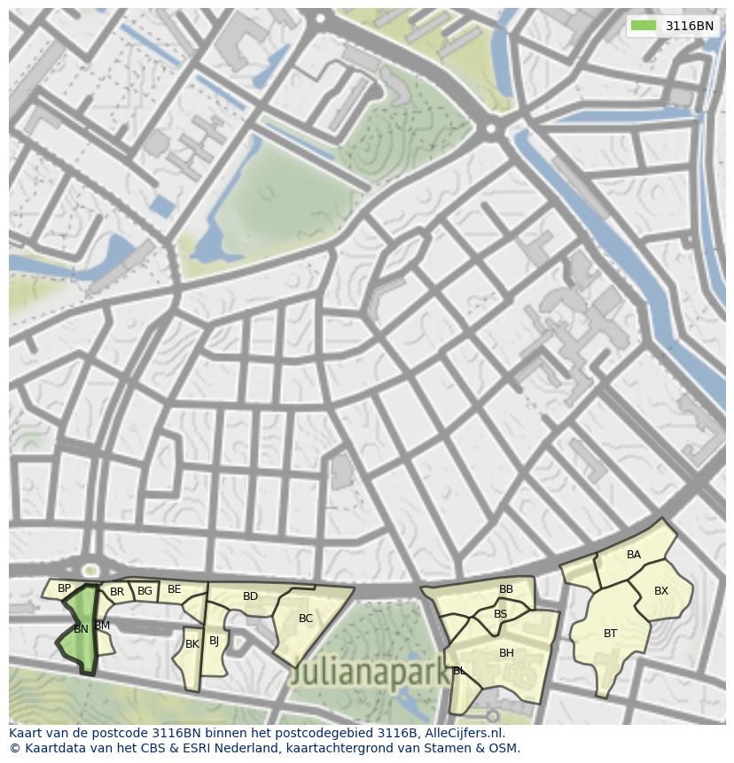 Afbeelding van het postcodegebied 3116 BN op de kaart.
