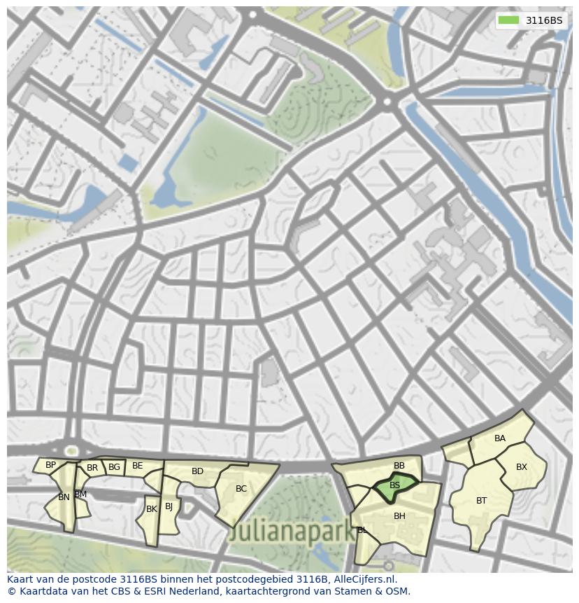 Afbeelding van het postcodegebied 3116 BS op de kaart.