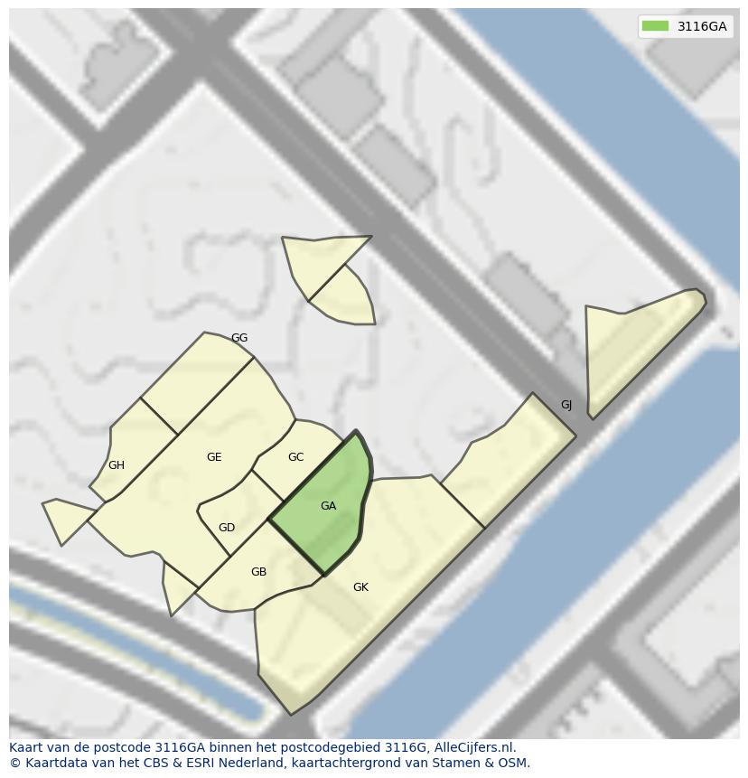 Afbeelding van het postcodegebied 3116 GA op de kaart.