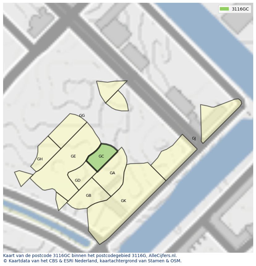 Afbeelding van het postcodegebied 3116 GC op de kaart.