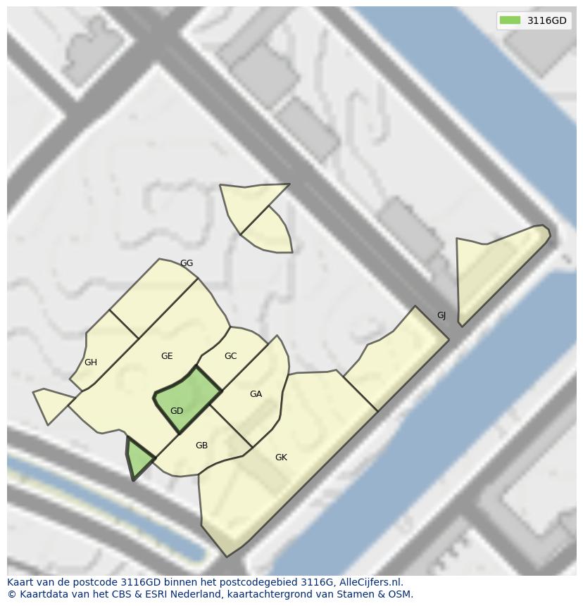 Afbeelding van het postcodegebied 3116 GD op de kaart.