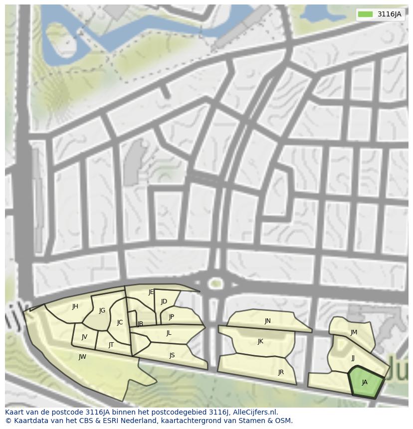 Afbeelding van het postcodegebied 3116 JA op de kaart.