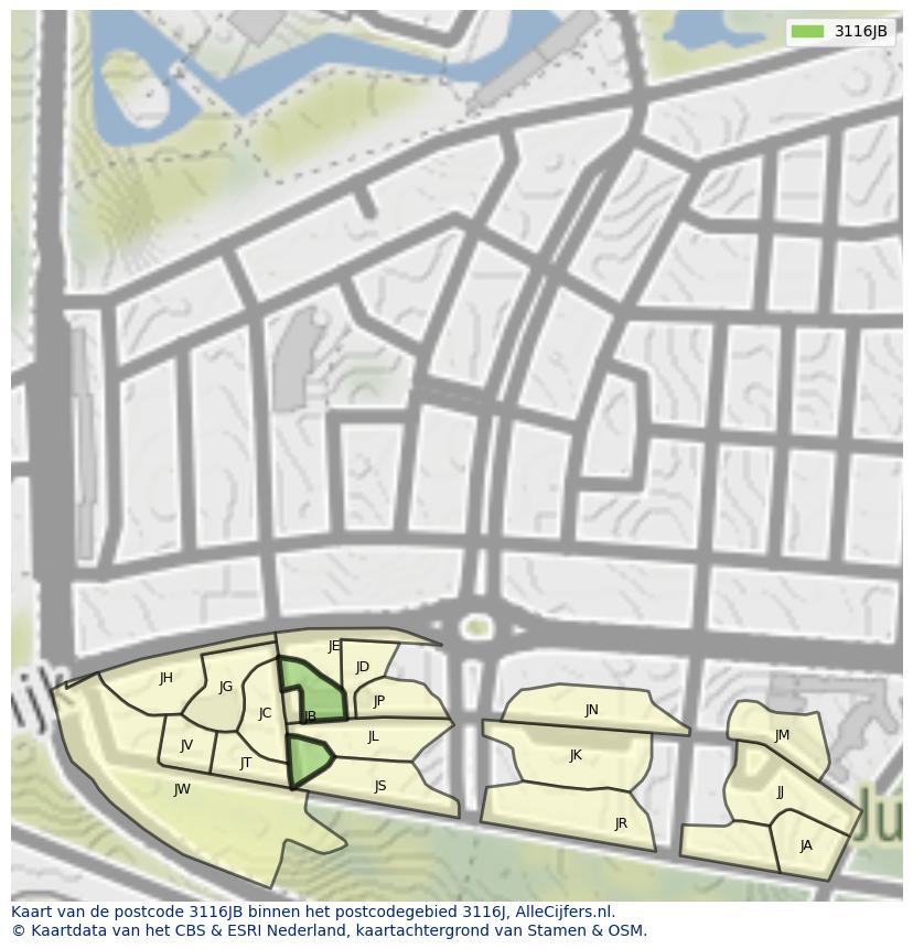 Afbeelding van het postcodegebied 3116 JB op de kaart.