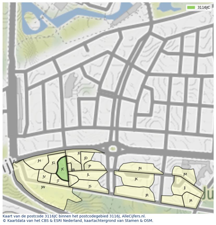 Afbeelding van het postcodegebied 3116 JC op de kaart.
