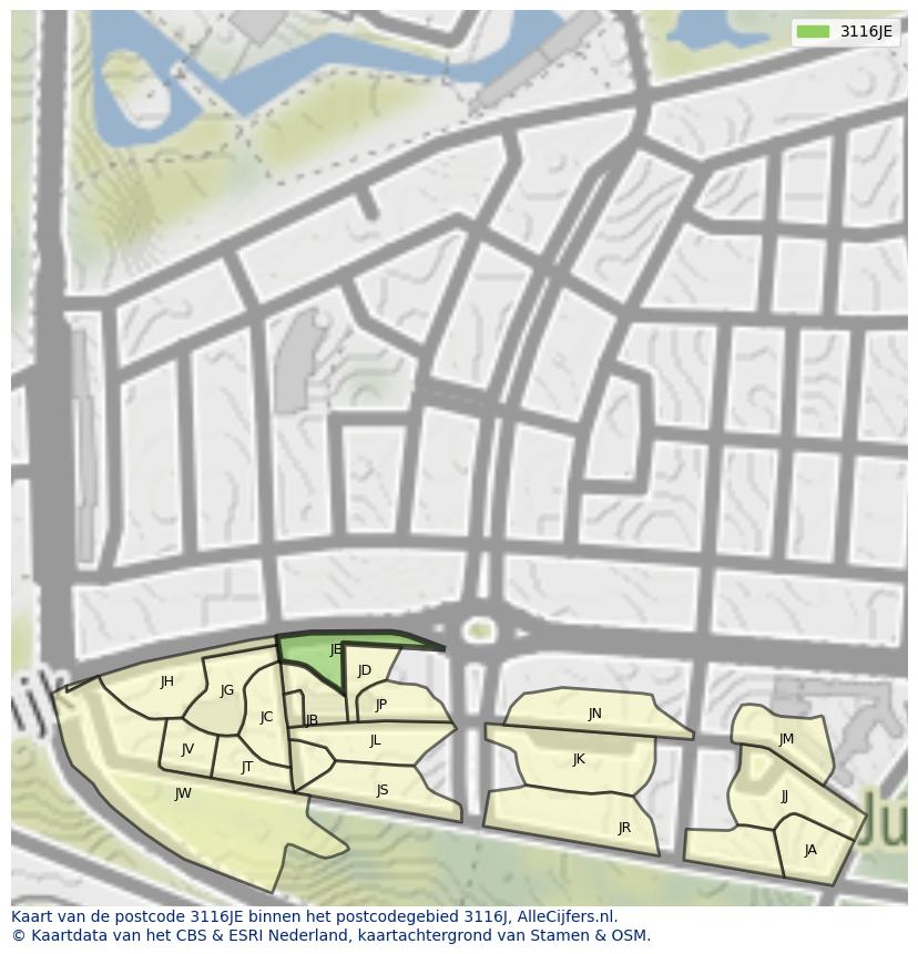 Afbeelding van het postcodegebied 3116 JE op de kaart.