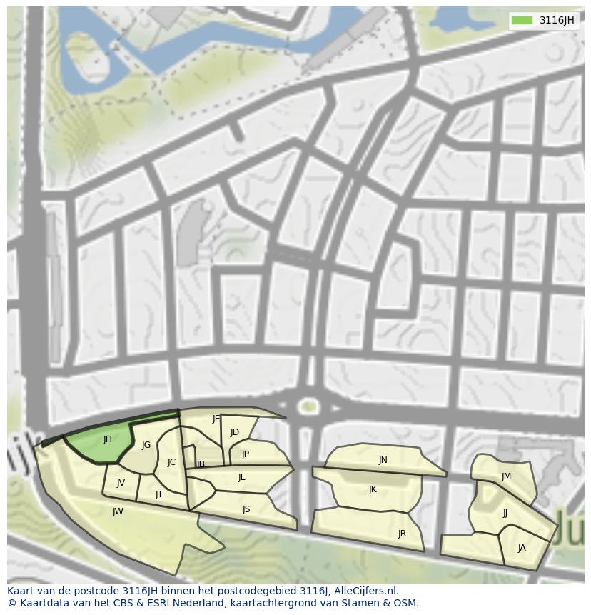 Afbeelding van het postcodegebied 3116 JH op de kaart.