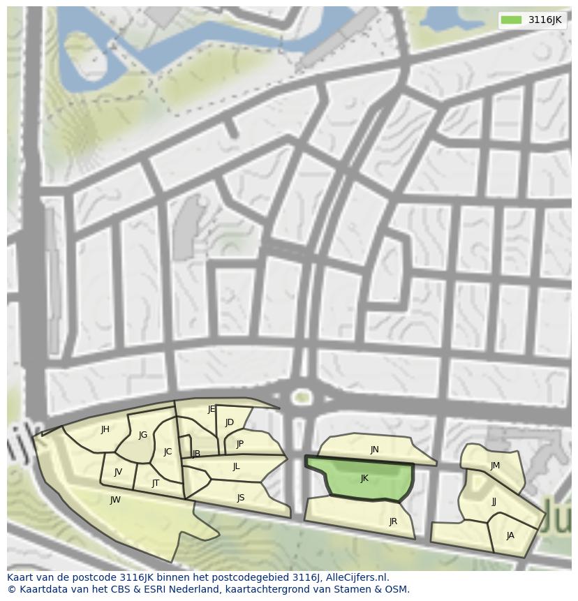 Afbeelding van het postcodegebied 3116 JK op de kaart.
