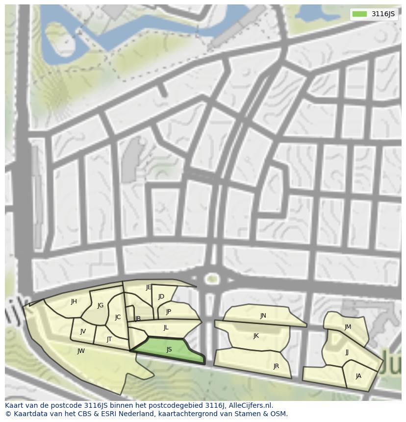 Afbeelding van het postcodegebied 3116 JS op de kaart.