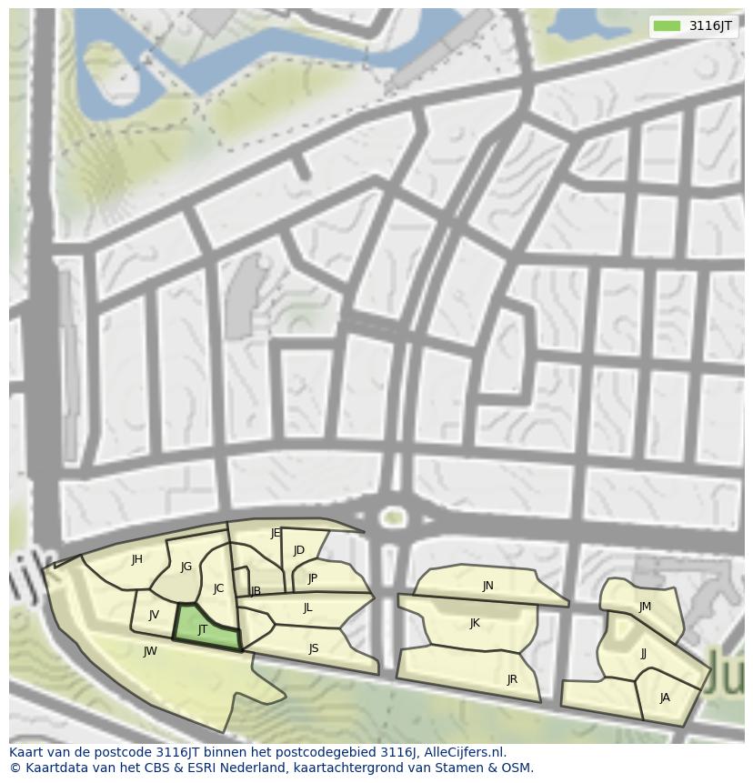 Afbeelding van het postcodegebied 3116 JT op de kaart.