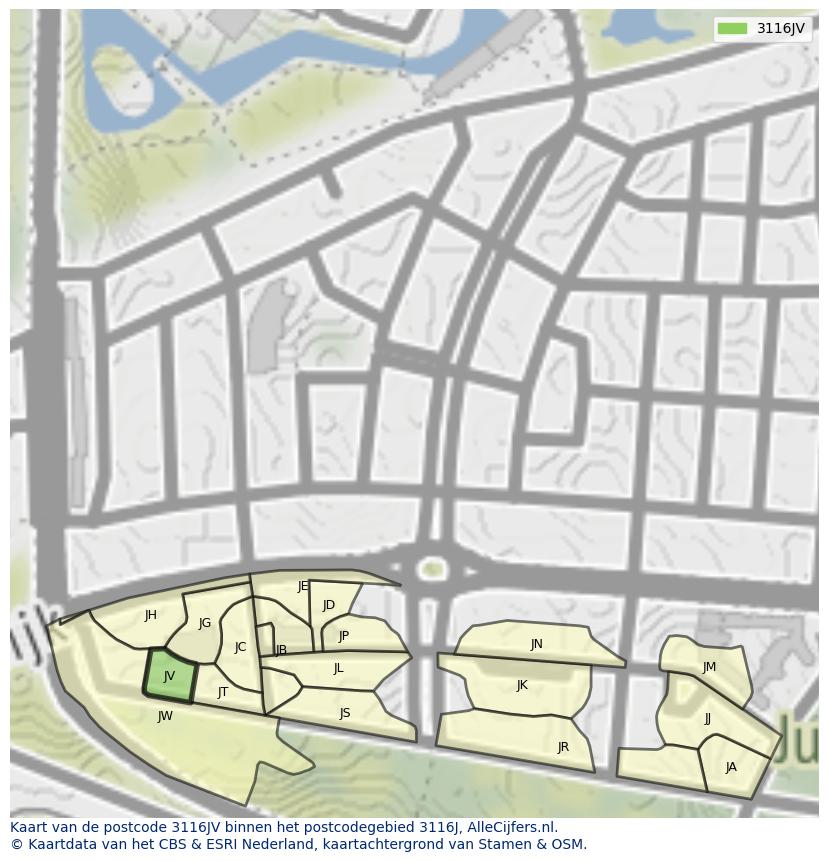 Afbeelding van het postcodegebied 3116 JV op de kaart.