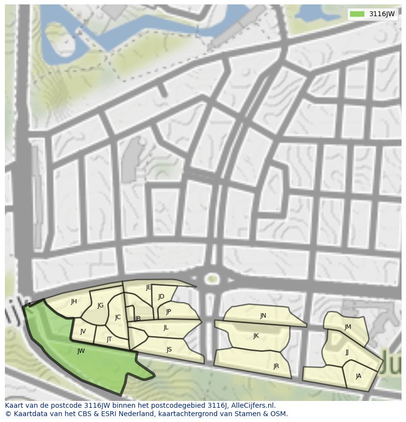 Afbeelding van het postcodegebied 3116 JW op de kaart.