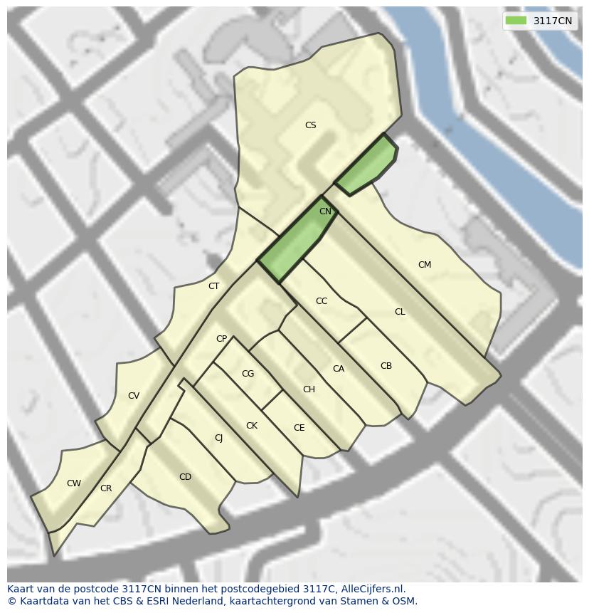 Afbeelding van het postcodegebied 3117 CN op de kaart.