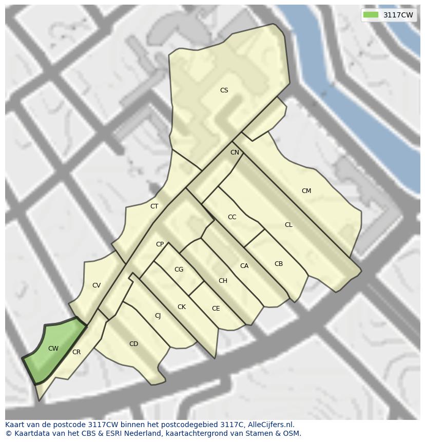 Afbeelding van het postcodegebied 3117 CW op de kaart.