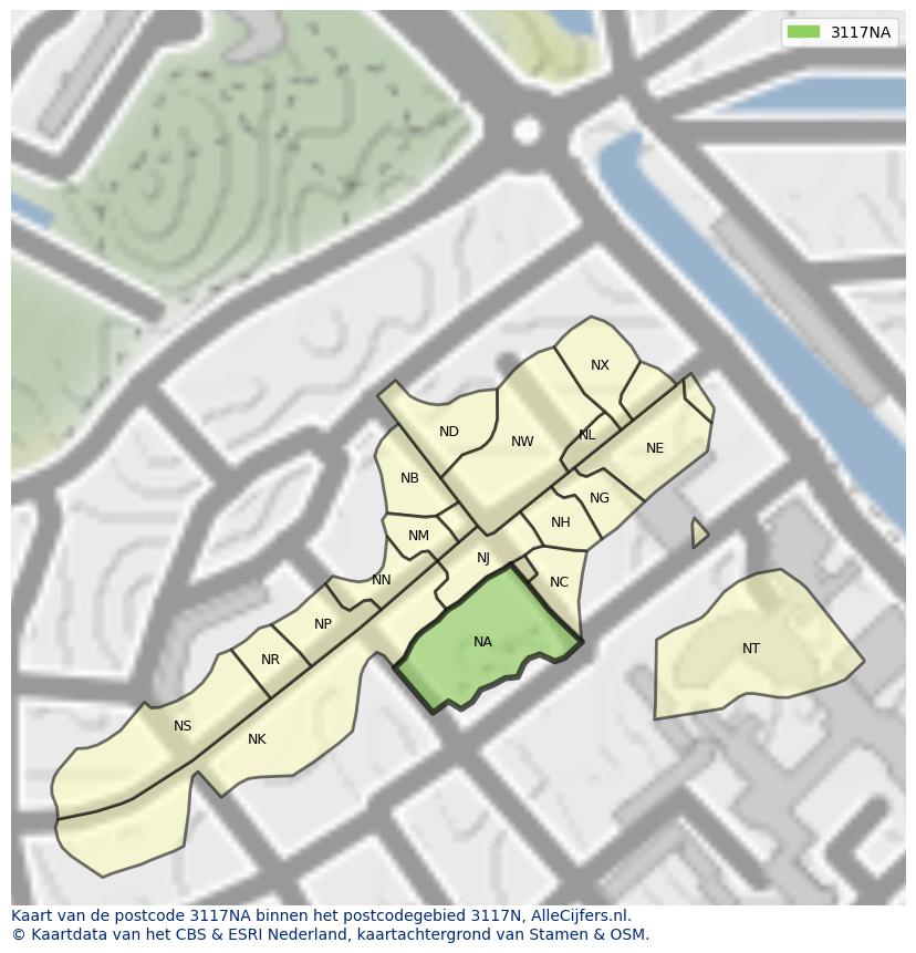 Afbeelding van het postcodegebied 3117 NA op de kaart.