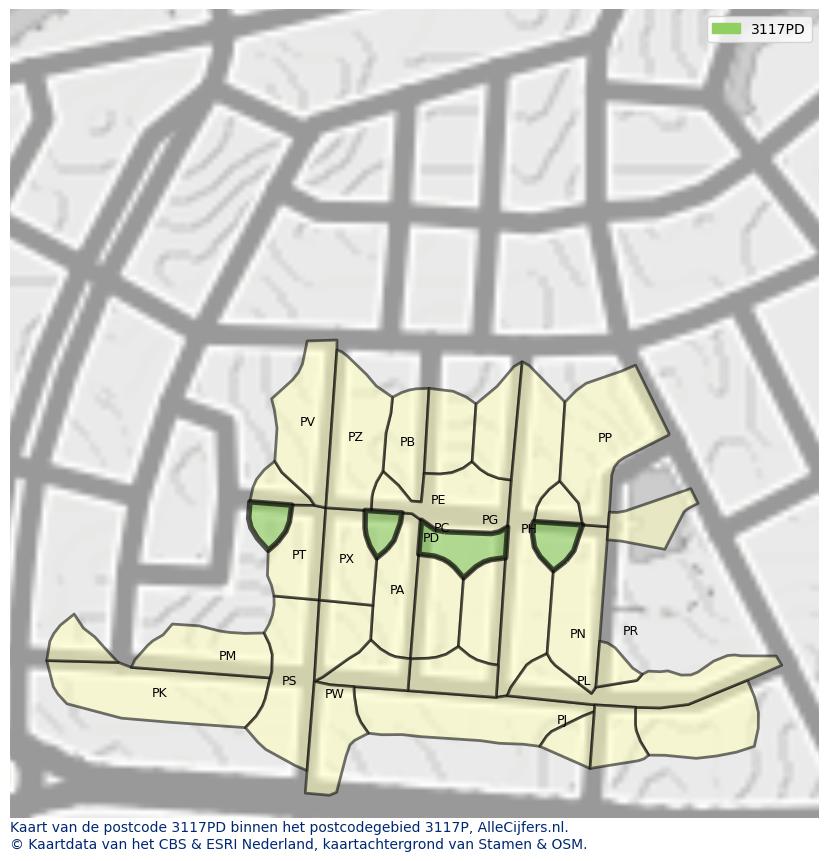 Afbeelding van het postcodegebied 3117 PD op de kaart.