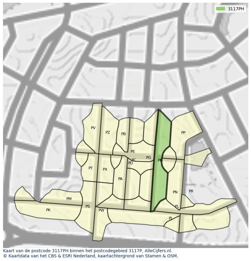 Afbeelding van het postcodegebied 3117 PH op de kaart.